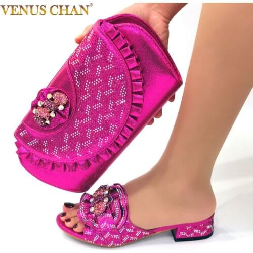 Venus Chan 2021 New Nigerian Noble Ladies Shoes and Bag Set Decorated With Rhinestone Mixing Metal in Wine Color for Party