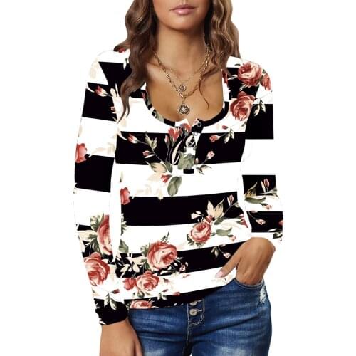 Women Fashion Buttons Tshirt Flower Print Color O Neck Tops Long Sleeve Casual T-shirt Tops Camiseta Mujer Verano #PY