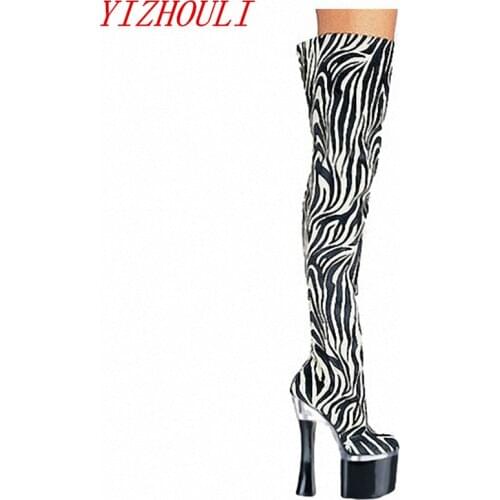7 inch Womens Shoes sexy zebra-stripe Slouchy Over the Knee Comfortable Trendy Round Toe 18cm Thigh High Heel Dance Shoe