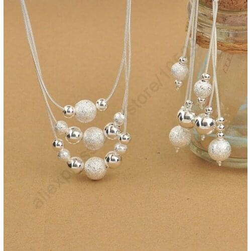 Elegant 925 Sterling Silver Woman Jewelry Set, Fashion 3 Layered With Charming Beads Balls Necklace Dangle Earrings