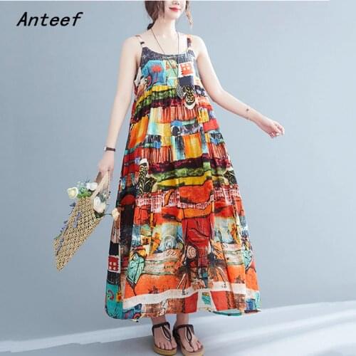 Sleeveless strap cotton vintage floral dresses for women casual loose long woman summer dress elegant clothes 2021