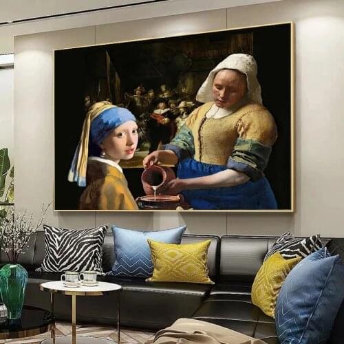 Famous Girl with Wearing Pearl Earrings The Milkmaid Wall Art Canvas Paniting Poster Modern Wall Art Oil Painting Home Decor