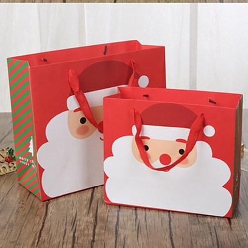 12pcs Merry Christmas Gift Handbag With Bow Xmas Eve Santa Claus Red Green Sweet Packaging Paper Bags Set Cute Cookie Candy Bag