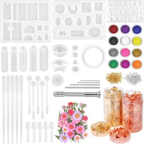 131 Pcs Epoxy Resin Casting DIY Jewelry Making Kit with Silicone Molds Dried Flowers Golden Foil Flakes Drill