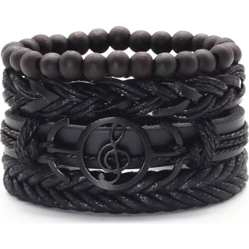 4pcs/set Black Brown Leather Rope Weave Sunflower Cute Musical Note Charm Men Women Bracelet Homme Femme Male Jewelry