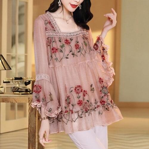 Summer Women Chiffon Fashion Embroidery Casual Shirts Blouses Loose Temperament Square Collar Long Sleeve Tops Blusas MM0408