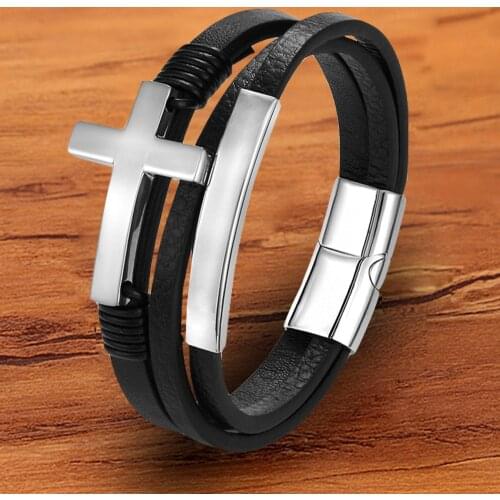 Trendy Designer Punk Magnetic Black Genuine Leather Men Bracelet Cross Jesus Hand Jewelry Wholesale Accessories Rope