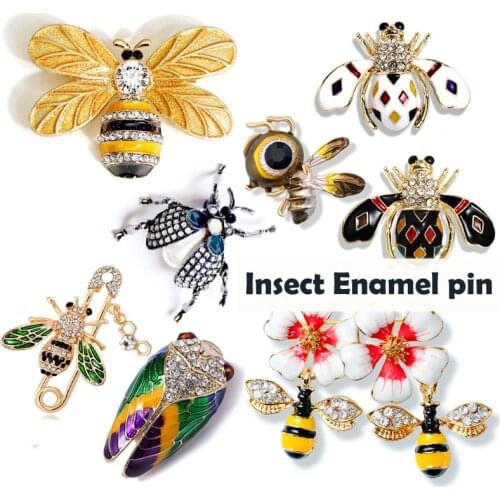 Morkopela Bees Beetles Brooch Enamel Pins Metal Insect Brooches For Women Charm Rhinestone Scarf Clip Sweater Suit Jewelry