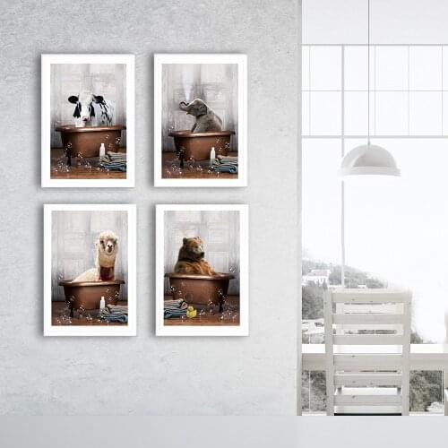 Baby Room Decor Poster Bear Cow Elephant Liama Animal in Bathtub Canvas Painting Nursery Wall Art Picture For Nordic Room Decor