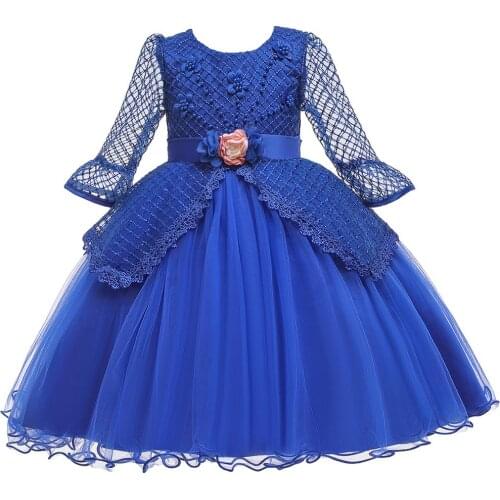 Hetiso Summer Lace Fake-two Long sleeve Flower Pearl Tulle Kids Dress Princess Wedding Birthday Party Girls Dresses Size 2-12T