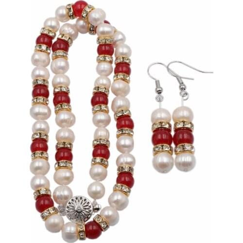 Elegant African Jewelry Set Natural Pearl Necklace Earrings for Women Pearls Jades Rhinestone Beads Sets Wedding Gift 18" A761