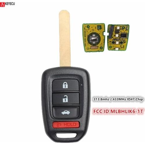 KEYECU OEM Remote Car Key Fob 313.8mhz / 433MHz ID47 Chip for 2013 2014 2015 2016 Honda Accord Civic FCC ID:MLBHLIK6-1T