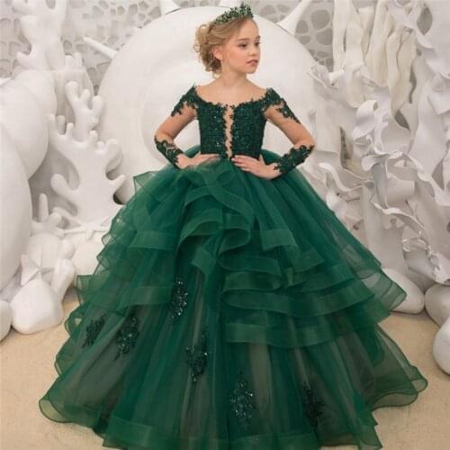 2020 Green Flower Girl Dresses New Arrival Beaded Applique Lace Long Sleeves Ball Gown Communion Dress Pageant Dresses for Girls