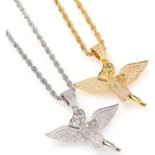 Gold Plated Angel Pendant Necklace Fashion Hip Hop Religious Jewelry Iced Out Rope Chain 24" For Men Women Gift