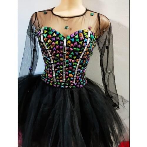 Nightclub Dress For Women Singer Stage Crystal Stone Black Gauze Bubble Dress Birthday Outfit For Women Sexy Club Costume 2068