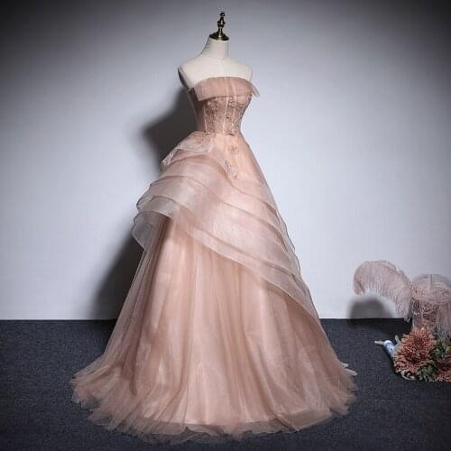 Luxury light bean pink ruffled skirt medieval Renaissance Victoria dress ball gown
