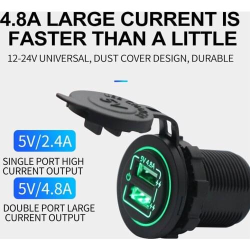 AS234L Engraving Dual Port Input USB Car Charger Socket 4.8A 5V With Green Light Touch Button Switch