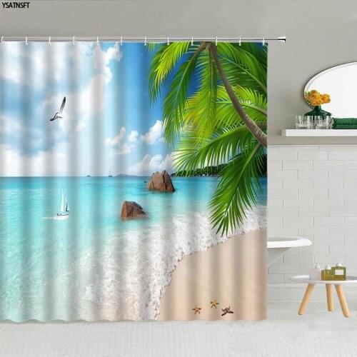 Blue Ocean Beach Shell Scenery Shower Curtain Starfish Wooden Bridge White Dove Flower Plant Fabric Home Bathroom Decor Curtains
