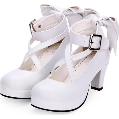 High Heels 6.5cm Black White Anime Lolita Shoes Cosplay Lolitas Bowknot Kawaii Loli Cos Gothic Female Elegant Summer Cute Sexy