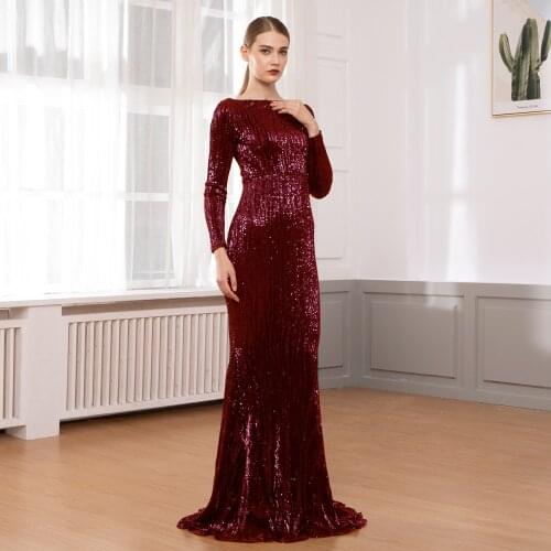 New Burgundy Navy Long Sequined Maxi Dres Sleeve O Neck Shiny Party Dress Full Length Lining Bodycon Back Zipper Autumn Dress