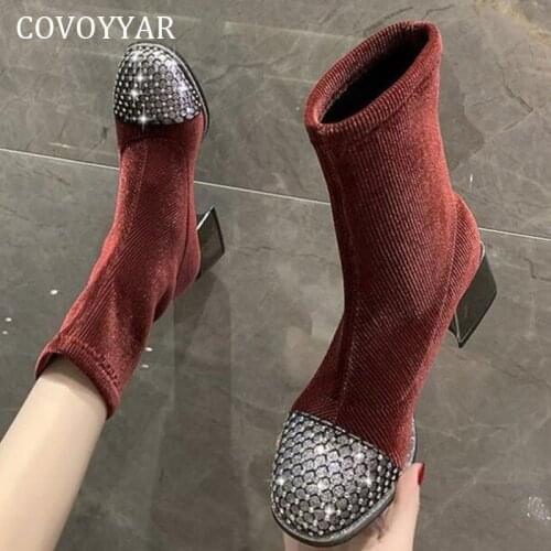 COVOYYAR Calf Women Boots Lady Pumps Flock Autumn Winter Shoes Women Fashion Booties Bling High Heels Casual Shoes WBS4120