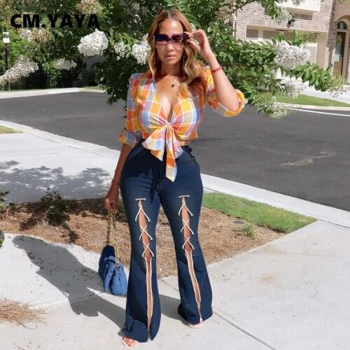 CM.YAYA Women Jeans Solid High Waist Zipper Pockets Bandage Hollow Out Stretchy Skinny Long Flare Denim Pants Autumn 2021