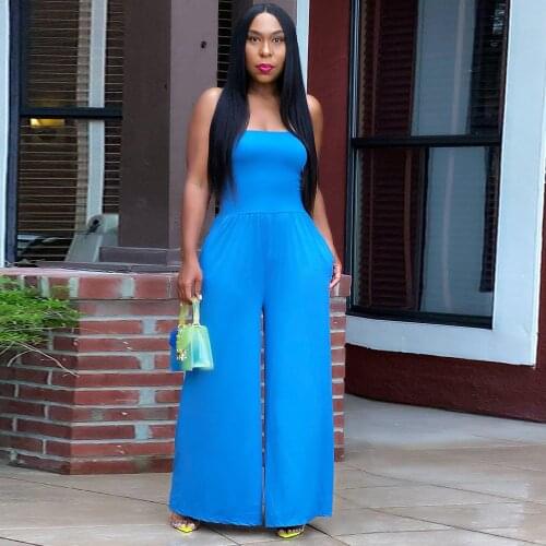 Womens Jumpsuit Solid Off The Shoulder Strapless Backless Sleeveless Wide Leg Bodysuit Casual Autumn High Waist Loose Outfits