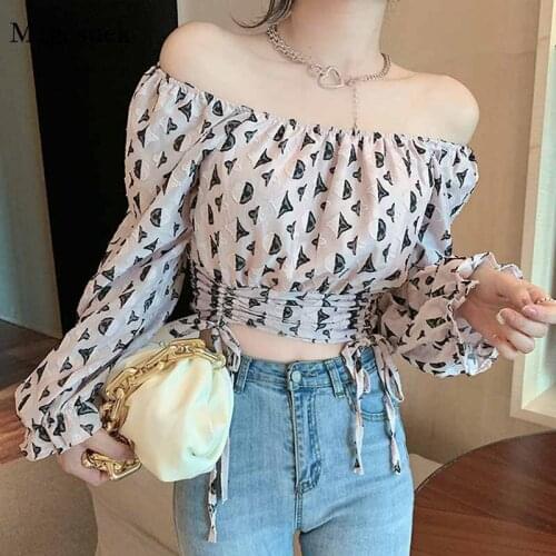 Strapless Drawstring Pleated Slim Print Pullover Geometry Blouse Slash Neck Autumn Long Sleeve Chiffon Short Tops Women 12334