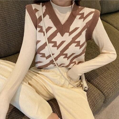 Women V-Neck Knitted Vest Casual Loose Korean Student Sleeveless Sweater Waistcoats Vintage Femme Pullovers