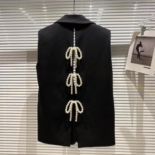 European Autumn New Small Fragrance Wind Back Split Pearl Bow Design Suit Vest Waistcoat Women Fashion Streetwear 2021