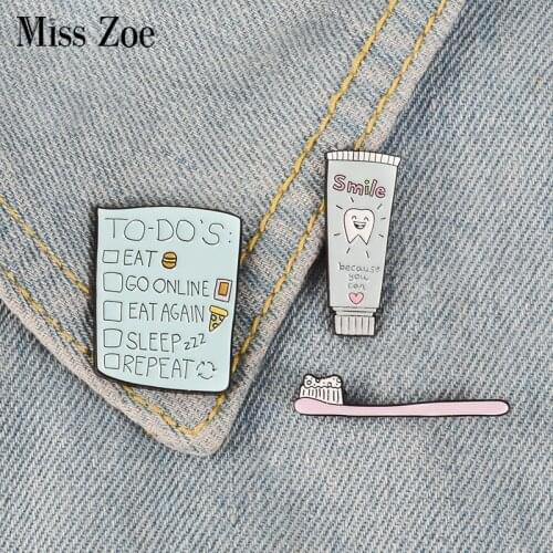Toothbrush Toothpaste Enamel Pins TO DO List Badges Custom Brooches Pastel Lapel pin Denim Shirt Cartoon Cute Smile Jewelry Gift