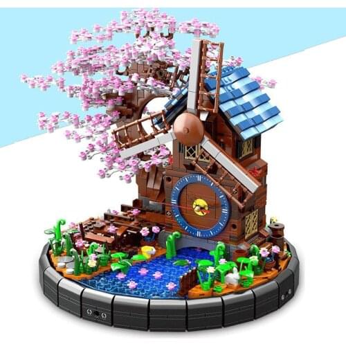 1944pcs Sakura Tree Building Block Decoration MOC Assembled Windmill City House DIY Model Bricks Toys With Clock