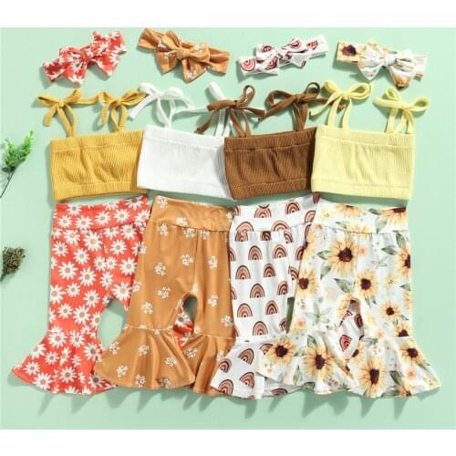 4 Colors Fashion Toddler Baby Girls Summer Clothes Solid Knitted Sleeveless Bandage Tanks Tops+Flower Flare Pants+Headband Sets