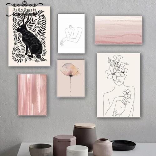 Abstract Pink Graffiti Canvas Painting Woman Line Art Poster Rabbit Flower Prints Pictures for Modern Home Interior Decoration