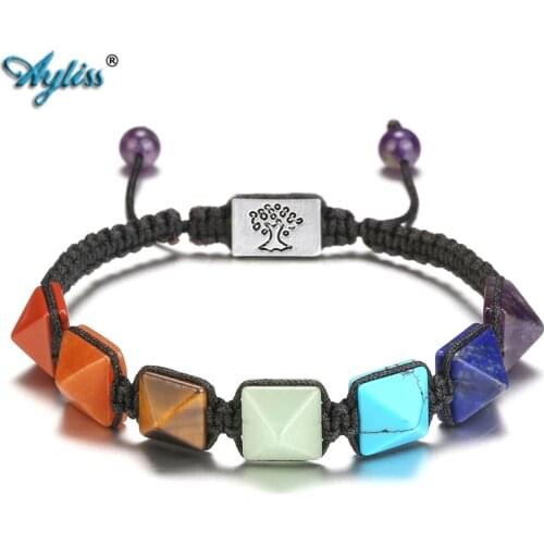 Ayliss 7 Chakra Yoga Anxiety Bracelet Reiki Healing Crsytal Natural Gem Stone Adjustable Braided Bracelets with Tree Charm