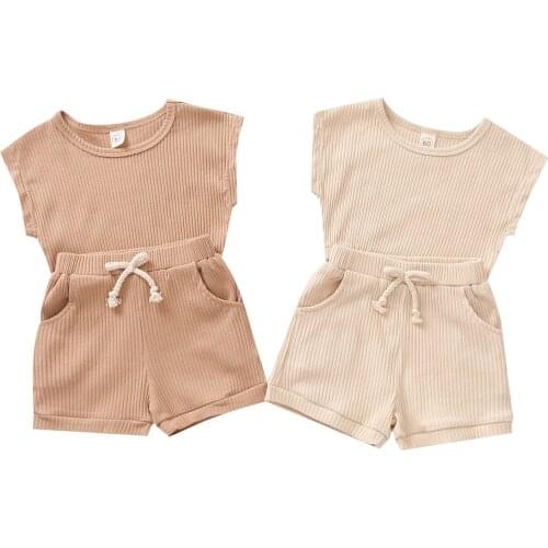 2021 0-3Y Kids Baby Clothes Outfit Set Summer Solid Color Top and Pocket Shorts Set for Children Boys Girls