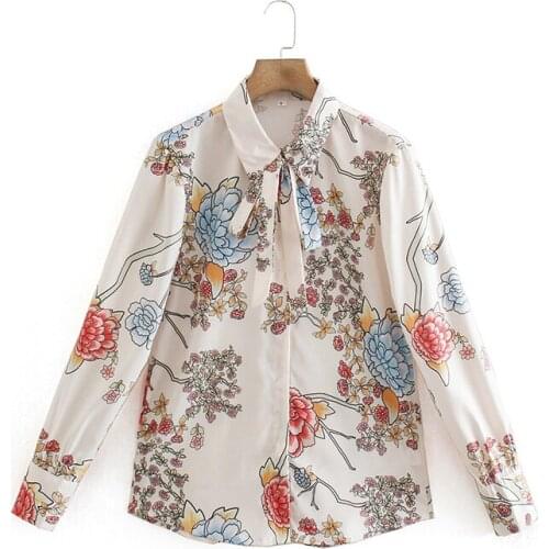 Hot new ladies floral print shirt long sleeve neckline bow tie shirt festive blouse