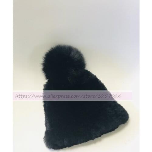Magicfur - Fur Hat Real Rex Rabbit Fur Knitted Hat W Soft Fox Fur Pom Ball Warm Winter Hat Warmer For Love