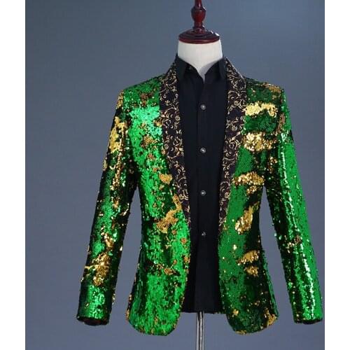 Green Blazer for Men Shiny Choir Costumes Personality Army Uniform Singer Sequins Jacket
