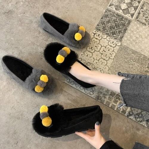2020 Spring New Women Shoes Female Warm Plush Cotton Fur Ball Casual Shoes Woman Flats Slip on Solid Fashion Flat Shoes