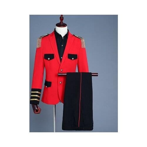 New Brand 2019 Men Military Style Tassels Red Suits Latest Coat Pant Designs Wedding Suits For Men Stage Singer Costume Homme