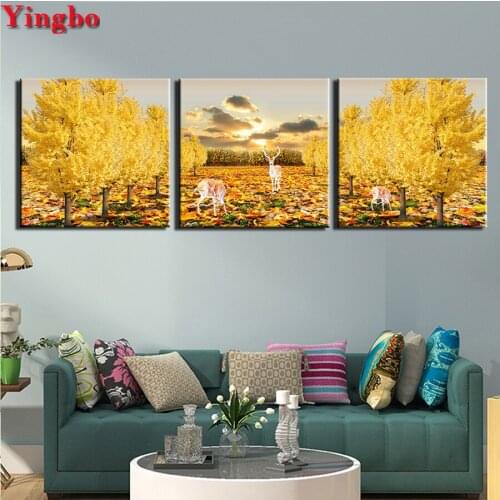 Autumn Tree Deer diamond mosaic full round square 5d diamond painting 3pcsset diamond embroidery rhinestone triptych painting