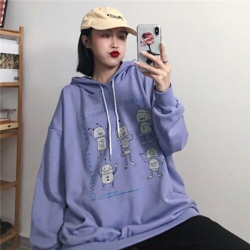 Autumn Korean Loose Oversized Sweater Womens Cartoon Print Oversatile Hooded Cotton Top Coat Fashion Wm