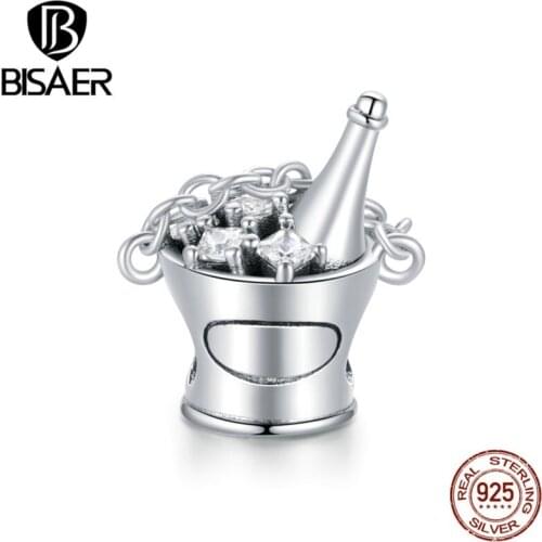 BISAER Champagne Bucket Charms 925 Sterling Silver Bear Pendant Beads Fit DIY Bracelet Necklace For Women Jewelry ECC1687