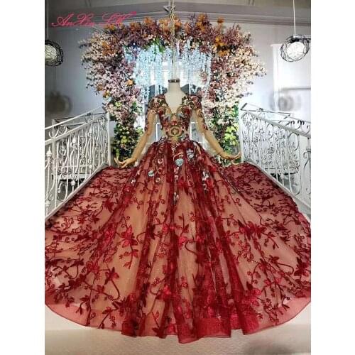 AnXin SH Luxury princess red lace sweetheart beading flower crystal illusion long sleeve ruffles wedding dress 100% real photo