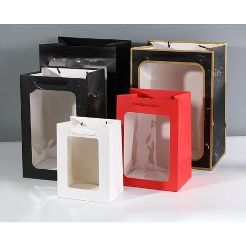 S/M/L Gift Paper Bag Clear Window Boxes Square Transparant Marble Portable Gift Packing Boxes Flower Packing Boxes Tote Bag