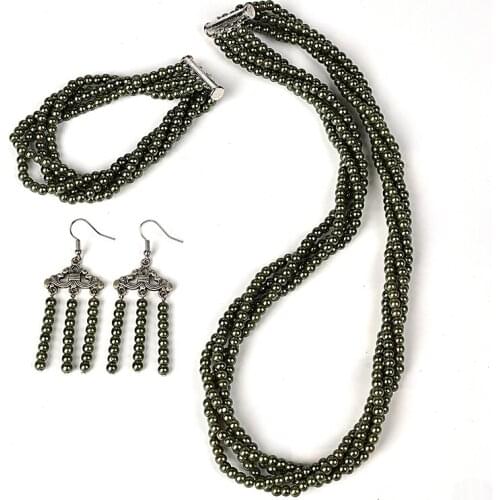 Dark Green Imitation Pearls 4mm Making Design Fashion Necklace 20inch Bracelet 7.5inch and Earrings For Dance Party H170