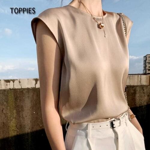 Toppies 2021 Woman Elegant Satin Tops Sleeveless Tanks Back Zipper Office Ladies Imitation silk Tops
