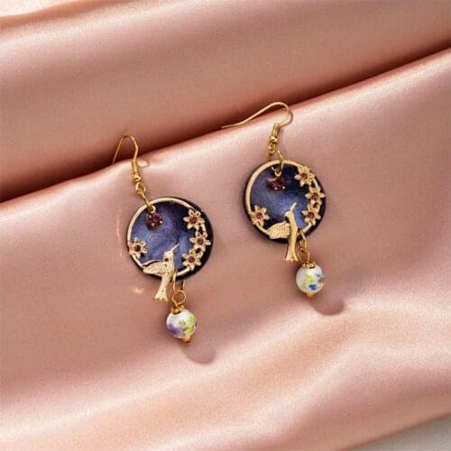 Vintage Purple Shell Beads Dangle Earrings Gold Color Round Circel Flower Birds Hook Earrings for Women Party Jewelry 2021 New