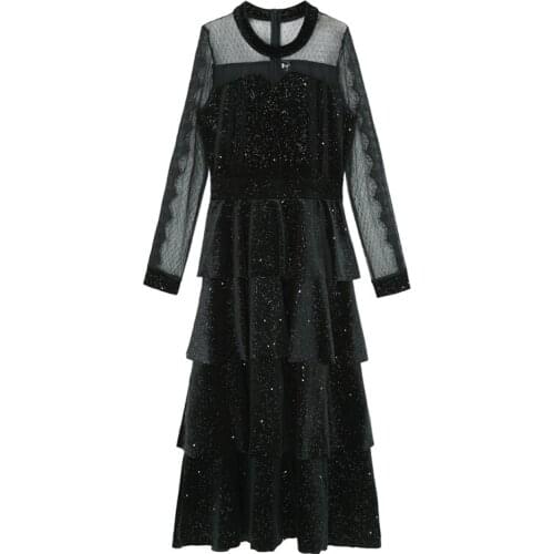 PERHAPS U women black velvet patchwork sequined mesh evening party dresses long sleeve cascading ruffle midi dress D2215